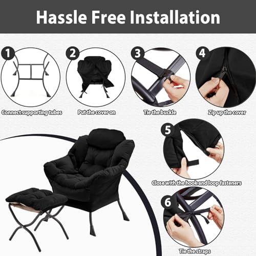 Youtanic Lazy Chair with Folding Ottoman, Accent Chair Velvet Upholstered with Metal Structure and Non-Slip Pads, Sofa Armchair with Footrest and Side Storage Bag for Dorm, Room, Office, Black - color: Black-f