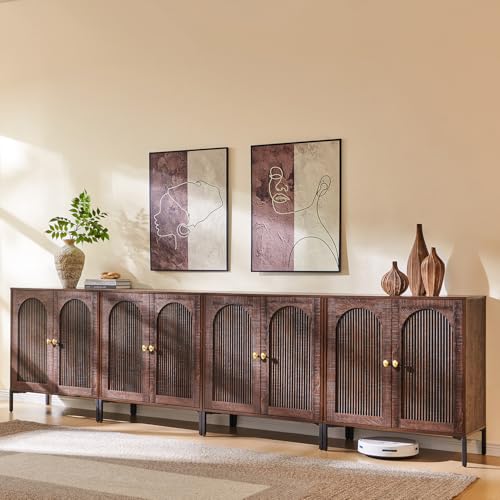 IFGET 123.5" W Modern Arched Sideboard Buffet Cabinet with Storage, Brown | Fluted Arch Sideboard Cabinet w/Adjustable Shelves, Wooden Modular Kitchen Cabinet for Dining& Living Room, Entryway - color: Brown, size: 4 Pieces