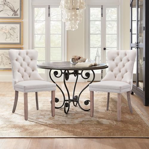 Velvet Upholstered Dining Chairs Set of 2, Modern Style Kitchen Side Chairs with Nailhead Trim and Wood Legs,Metal Pulling Ring for Dining Room Living Room(Beige,Set of 2) - color: Beige, size: Set of 2
