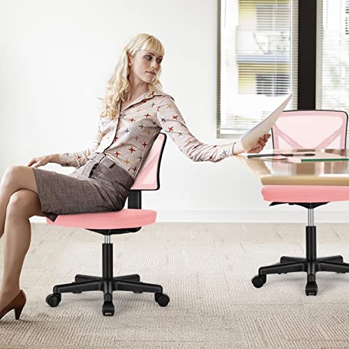 Sweetcrispy Small Armless Desk Chair, Mesh Rolling Office Chairs | Adjustable Ergonomic Lumbar Support, Low-Back, Swivel Wheels, Home Work, Bedroom, Study, Student, Adults, Classic Pink - color: Classic Pink