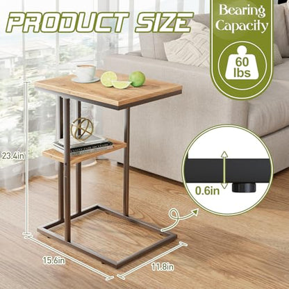 C Shaped End Table, Small Side Table for Couch and Bed, Wood Snack Table with Metal Frame for TV Tray, Sofa, Living Room, Bedroom, Bedside (Oak) - color: Oak Brown+black