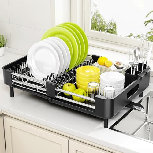 Urackify Extendable Stainless Dish Drying Rack for Kitchen Counter, Black | 13.78"W x 18.7"L, Foldable Drainboard for Space Saving, Knife and Utensil Holder, Fast-draining Spout - color: Black