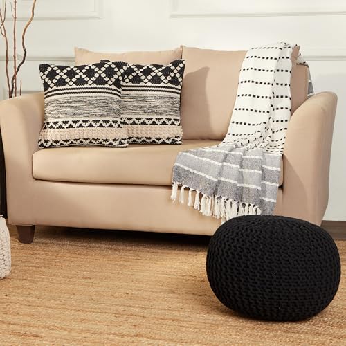 · REDEARTH · Round Pouf Ottoman - Hand Knitted Boho Poof Footrest- Black | 100% Cotton, 19.5"x19.5"x14"; Doubles as Footstool, Foot Rest; Great for Living Room, Bedroom, Nursery, Patio, Dorm, Lounge - color: Black, size: 19.5"D x 19.5"W x 14"H