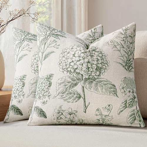 Set of 2 Decorative Floral Pillow Covers 18x18 Inch Dark Green | Neutral Hydrangea Print, Boho Vintage Throw Cushion Covers, Cottagecore Home Decor, for Sofa Couch Porch Bedroom Living Room - color: Dark Green, size: 18" x 18" (Pack of 2)