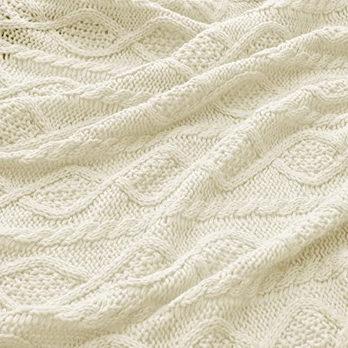 Homiest Cream White Cable Knit Throw Blanket Set of 3, with 2 Pillow Covers | Pure Acrylic, Lightweight & Breathable, All-Season Use, Machine Washable, Wrinkle & Fade Resistant, for Couch Bed And Sofa - color: Cream White, size: 50 x 60 Inch Blanket & 18