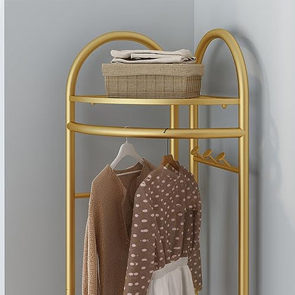 Metal Corner Coat Racks, Gold Clothing Racks Hall Tree, Freestanding Garment Rack with Hooks and Storage Shelf for Hallway, Entryway, Bedroom, Living Room, Office(Gold)