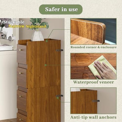 Narrow Night Stands, Modern Slim Nightstand Set of 2, Wooden Skinny Bedside Table 2 Drawers, Stackable Narrow Side Table with Drawers for Small Spaces, Bedroom, Living Room, Walnut Brown - color: Brown (2pcs)