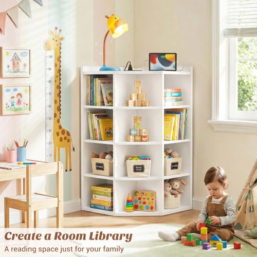 Aheaplus Corner Cabinet, 5-Tier Corner Bookshelf with Power Outlets, Corner Cube Storage Shelf with Top Table, Wooden L Cubby Toy Storage with 12 Cubes for Home Office, Bedroom, Living Room, White - color: White, size: 5-Tier