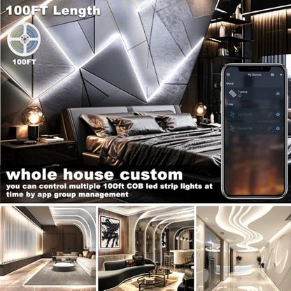 NUERPO 100FT COB Led Strip Lights, Uniform 6500K COB Rope Light,Bright Daylight White Lights,High Density,App/Remote Control,Indoor 24V Cuttable Cabinet Lights for Bedroom,Bookshelf,Showcase,Kitchen