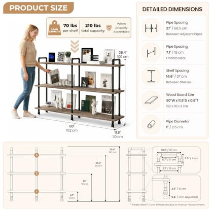 Industrial Bookshelf, Pipe Shelf Bookcase, 3 Tier, 60" Weathered Brown | Solid pine shelves, 60 inch wide, black pipe frame, 70 lbs per shelf, open bookcase for books, plants, office - color: Weathered Brown, size: 60"L × 39"H