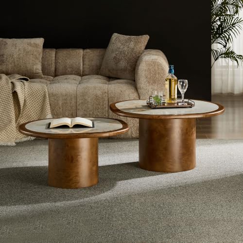 Nesting Coffee Table Set of 2 with Sintered Tabletop, Walnut | 29.13" & 23.38" Modern Irregular Kitchen Table, Burl Wood Veneer, Sturdy MDF Pedestal Base for living Room, Easy Assembly - color: 29.13" & 23.38", Walnut