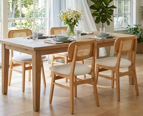EALSON Mid Century Modern Dining Chairs Set of 4 Rattan Curved Back Dining Room Chairs Sherpa Upholstered Kitchen Chairs with Wood Frame Farmhouse Side Chairs for Kitchen Dining Room, Cream - color: Fur Cream, size: 4PCS