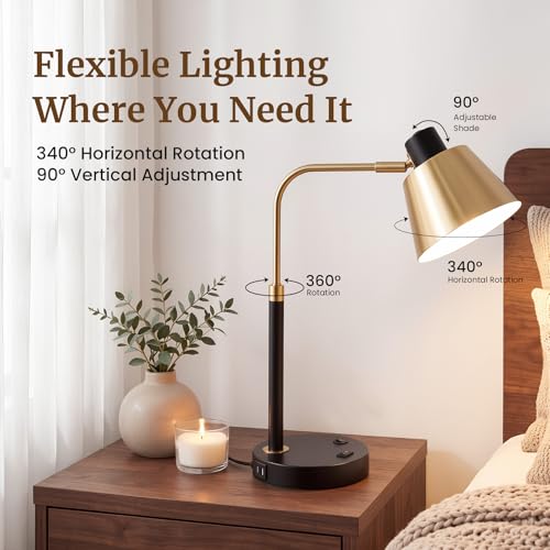Desk Lamp with USB-C, USB-A and AC Outlet, Adjustable E26 Table Lamp for Home Office and Bedside Reading, Matte Black and Brushed Brass-Look, Bulb Not Included