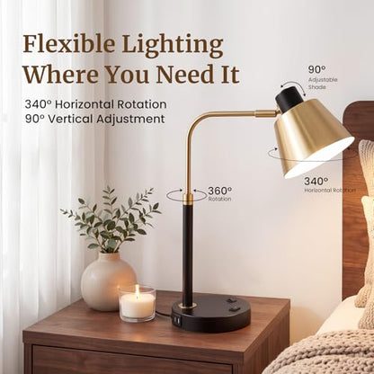 Desk Lamp with USB-C, USB-A and AC Outlet, Adjustable E26 Table Lamp for Home Office and Bedside Reading, Matte Black and Brushed Brass-Look, Bulb Not Included