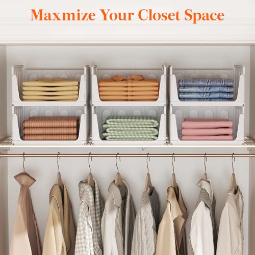 Lifewit Stacking Closet Organizers Shelf for Clothes 6 Pack 16.1" Depth | 16.1" depth, open front basket, top shelf storage bins, store clothing sweater jeans, for Pantry, Kitchen, Dorm