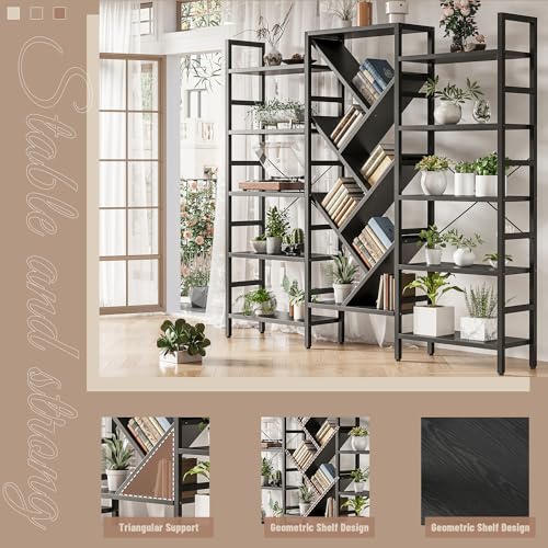 70x70” Triple 5 Tier Book Shelf, Large Wooden Bookcase with 17 Open Display Shelf, Modern Tree Bookshelf Metal Frame Tall Book Case Furniture for Living Room Bedroom Home Office Black - color: Black, size: 5 tier