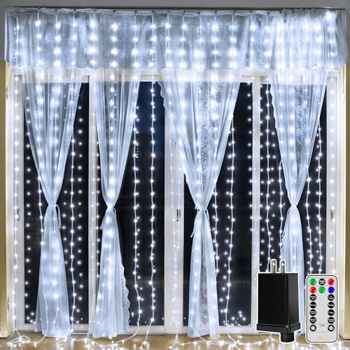 Ollny Curtain Lights 300LED 9.8ftx9.8ft, Connectable IP67 Waterproof Outdoor Curtain String Lights with Remote, Plug-in Untangle Fairy Lights with 8 Modes 3 Timers for Wall Backdrop Decor(Cool White) - color: Cool White, size: 9.8 ft