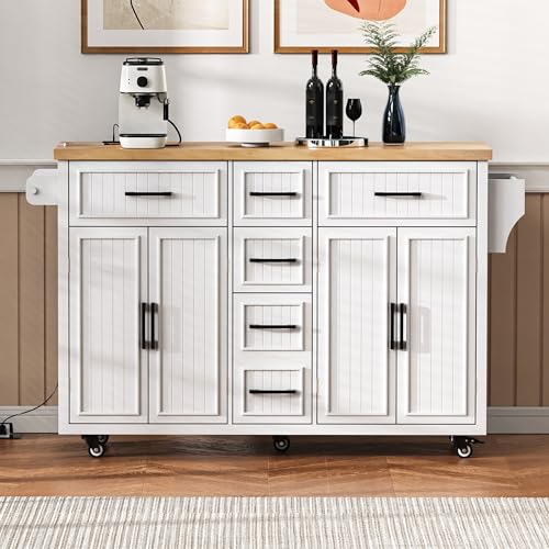 56.5'' Kitchen Island with Drop Leaf, Power Outlet, Embossed Vertical Stripe Rolling Kitchen Cart on Wheels with Deep Drawers and Adjustable Shelves (White/D) - color: White/D)
