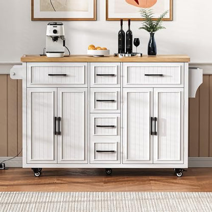56.5'' Kitchen Island with Drop Leaf, Power Outlet, Embossed Vertical Stripe Rolling Kitchen Cart on Wheels with Deep Drawers and Adjustable Shelves (White/D) - color: White/D)