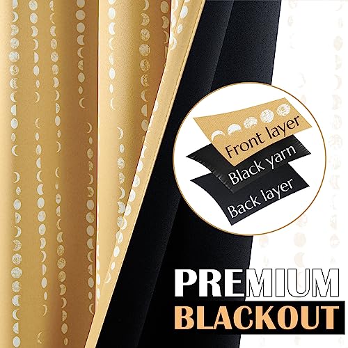 jinchan Boho Blackout Curtains 63 Inch Length Moon Phase Printed Drapes | Mustard Yellow Farmhouse Curtain for Bedroom Living Room Back Tab Drapes Room Darkening Window Treatment 2 Panels - color: Luna | Mustard Yellow, size: 52"W x 63"L (Pack of 2)