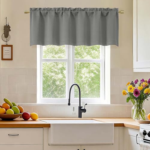 Simplebrand Light Grey Valance for Windows, Short Blackout Curtains for Bathroom/Laundry/Basement Windows with Rod Pocket, Thermal Insulated Solid Curtain Valance, Each 60Wx18L Inches, 1 Piece - color: Light Grey, size: 60"W x 18"L (Pack of 1)