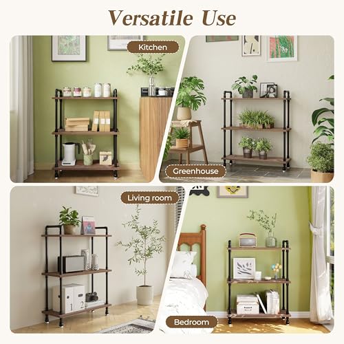 Industrial Bookshelf, Pipe Shelf Bookcase, 3 Tier, 30" Weathered Brown | Solid pine shelves, 30 inch wide, black pipe frame, 35 lbs per shelf, open bookcase for books, plants, office - color: Weathered Brown, size: 30"L × 39"H