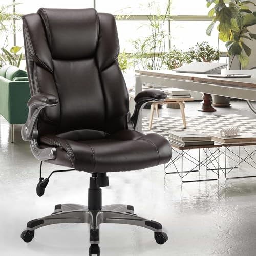 COLAMY Leather Executive Office Chair- High Back Home Computer Desk Chair with Padded Flip-up Arms, Adjustable Tilt Lock, Swivel Rolling Ergonomic Chair for Adult Working Study-Brown, Set of 2 - color: Brown, size: Set of 2