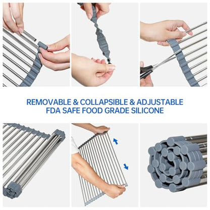CHIRISEN Expandable Large Roll Up Dish Drying Rack, Foldable Over The Sink Dish Drying Rack, Rolling Dish Drainer Stainless Steel Roll Rack for Kitchen Sink Counter (Gray, 21.25x12.79in)