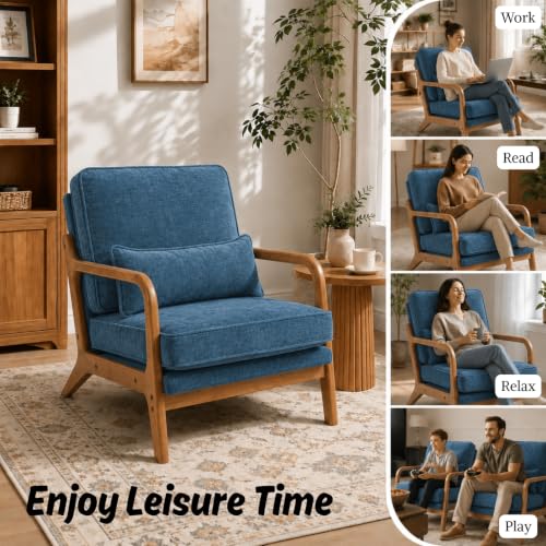 Karl home Mid-Century Modern Accent Reading Chair, Blue | Chenille Upholstered, Solid Wood Frame, Soft Cushion, Lumbar Pillow, Lounge Armchair for Living Room, Bedroom, Balcony, Study - color: Chenille Blue