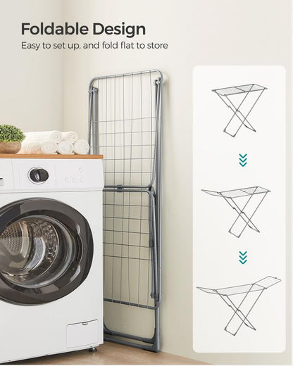 SONGMICS Clothes Drying Rack, Metal Laundry Drying Rack, Foldable, Space-Saving, Free-Standing Airer, with 2 Gullwings, Indoor Outdoor Use, Bed Linen Clothing, Gray ULLR540G01 - color: Gray, style: 2 Gullwings（19.7"D)