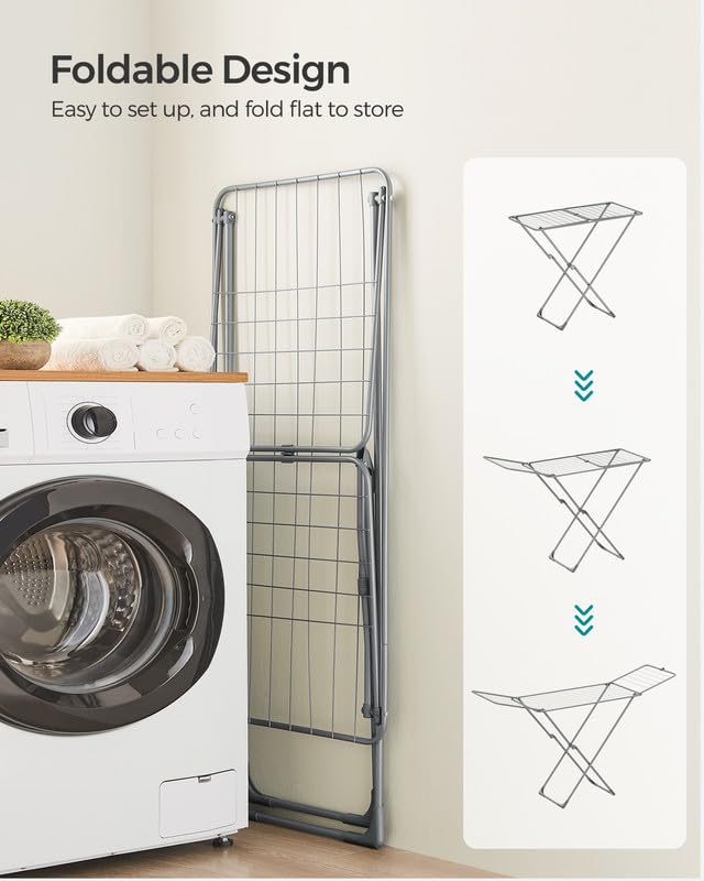 SONGMICS Clothes Drying Rack, Metal Laundry Drying Rack, Foldable, Space-Saving, Free-Standing Airer, with 2 Gullwings, Indoor Outdoor Use, Bed Linen Clothing, Gray ULLR540G01 - color: Gray, style: 2 Gullwings（19.7"D)