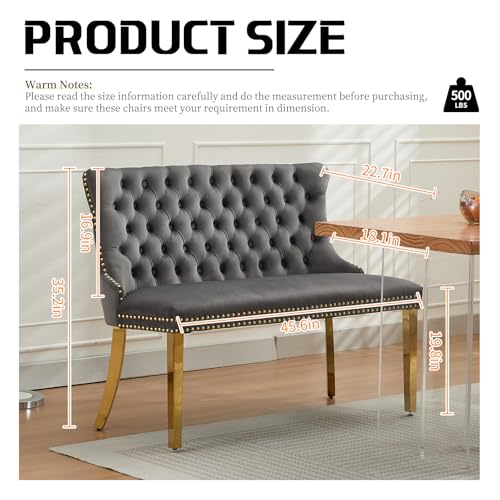 Grey Velvet Dining Bench with Back, Tufted Banquette Seating, Gold Legs | Upholstered loveseat bench; tufted back; nailhead trim; 500 lb capacity; foam and spring seat; dining room or entryway - color: Grey(gold Stainless Steel Legs)