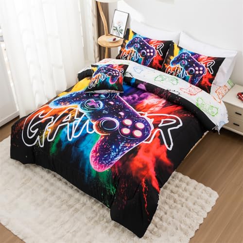 Aimuan Gamer Gaming Bedding Sets 3D Gamepad Comforter Sets for Boys Games Console Action Buttons Novelty Colorful Game Controller Modern Room Decor Home Quilt Set (Black-Purple, Full 6PCS) - color: Black-purple, size: Full(6Pcs)