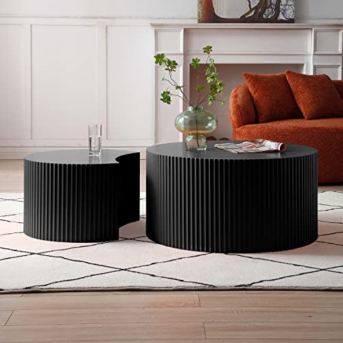 55.12'' Black Round Nesting Coffee Table Set of 2, Modern Side End Table for Living Room, Contemporary Wood Circle Embossed Crescent Design, No Assembly, Black - color: 55.12''-nesting-black