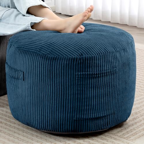 Round Stuffed Pouf Ottoman (Blue, 26" D x 26" W x 18" H) | Corduroy Foot Rest with Rebound Foam Filling, Furry and Fluffy Foot Stool Ottoman, Floor Poufs for Living Room - color: Blue, size: 26"D x 26"W x 18"H