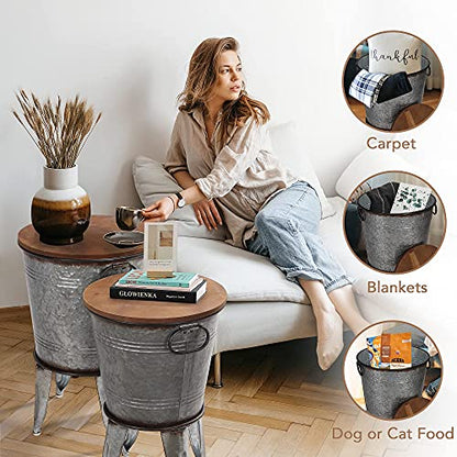 RUSTOWN Farmhouse Side Tables Set of 2, Galvanized Metal Bucket End Table | Storage Metal Bin with Round Wooden Lid, Accent Side Table, Rustic Antique Cocktail Table for Living Room, Bedroom, Outdoor - color: Galvanized