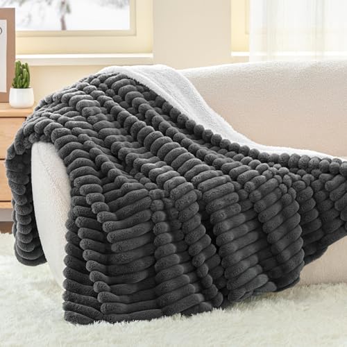 INFIIXSO Sherpa Throw Blanket for Couch - Super Soft & Warm Striped Fleece Blanket, Cozy Plush Fluffy Blanket All Season Use (Grey, 50x60 Inches) | Super Soft Thick Warm Striped Sherpa Blanket for Bed Sofa, Cozy Plush Fluffy Throw Gift for Women, Room Dec