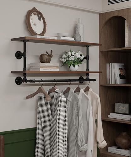 Clothes Rack 36in, Wall Mounted Garment Rack with Real Walnut Wood Shelf, Heavy Duty Hanging Clothes Rack, Multi-Purpose Hanging Rod, Space-Saving Closet Storage - color: Walnut, size: 2T36IN