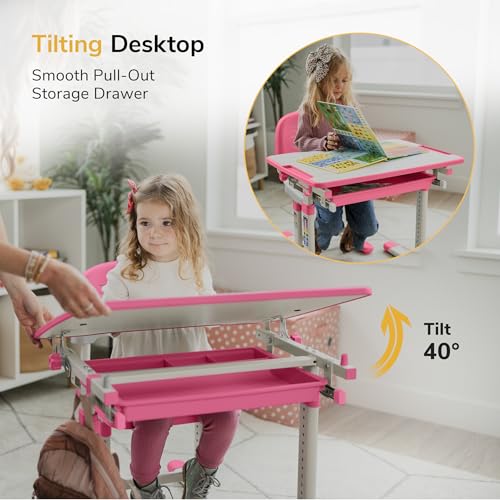 Mount-It! Kids Desk and Chair Set, Height Adjustable Sturdy, Girl Desk, Child Study Desk and Chair Set for Boys, Table for Art, Home School, Drafting, Ergonomic with Storage Drawer, Pink - color: Pink