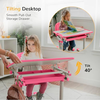 Mount-It! Kids Desk and Chair Set, Height Adjustable Sturdy, Girl Desk, Child Study Desk and Chair Set for Boys, Table for Art, Home School, Drafting, Ergonomic with Storage Drawer, Pink - color: Pink