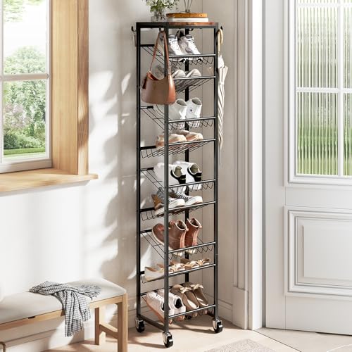 10 Tier Rotating Vertical Shoe Rack Tower, Wooden Tall Shoe Storage Organizer with Hooks, Sturdy Metal Narrow Shoe Shelf for 20 Pairs, Space Saving Rack for Closet Entryway, Rustic Brown - size: 10-tier(13.9 × 11.2 × 65.4)
