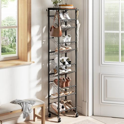 10 Tier Rotating Vertical Shoe Rack Tower, Wooden Tall Shoe Storage Organizer with Hooks, Sturdy Metal Narrow Shoe Shelf for 20 Pairs, Space Saving Rack for Closet Entryway, Rustic Brown - size: 10-tier(13.9 × 11.2 × 65.4)