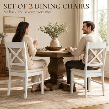 HOMCOM Dining Chairs Set of 2 Upholstered Kitchen Chairs Cross Back White | Rubberwood Frame, Padded Seat, for Living Room, Dining Room, Kitchen - color: White, style: Cross Back
