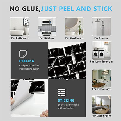 URCOLOR 10-Sheet Back Splashes for Kitchens Peel and Stick,12"x12" Self Adhesive Subway Wall Tiles Stick on backsplash Tiles for Bathroom Black Marble - color: Black