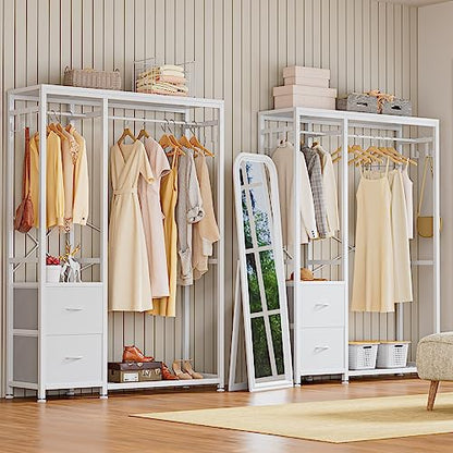 Clothes Rack with 2 Rods, Shelves, Drawers & Hooks, Garment Rack | Clothes rack with 2 hanging rods (50lbs each), 2 shelves, 2 fabric drawers & 4 hooks. 300lb total capacity. Fits small spaces - color: White