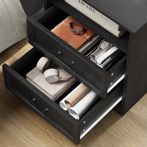 Black Night Stand with Charging Station, Farmhouse Bedside Table & End Table with 2 Drawers and Unique Base Design, Wood Nightstand with Metal Handles for Bedroom, Living Room - color: Black, size: 1 Piece