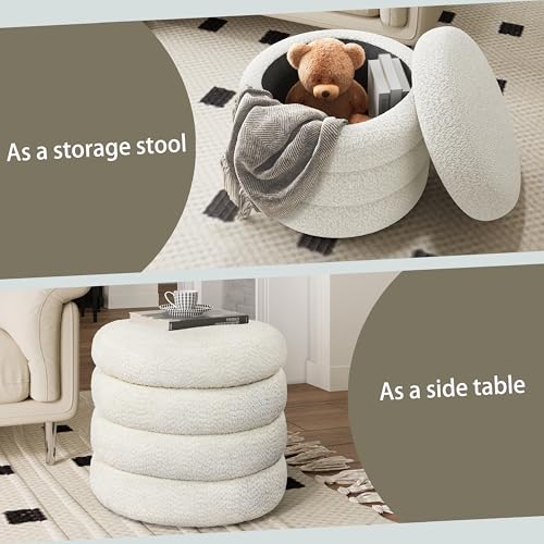 allamazing Storage Ottoman, Round Ottoman with Storage, Vanity Stool Foot Rest with Removable Lid, Round Boucle Upholstered for Living Room Pouf Footstool - color: Off White