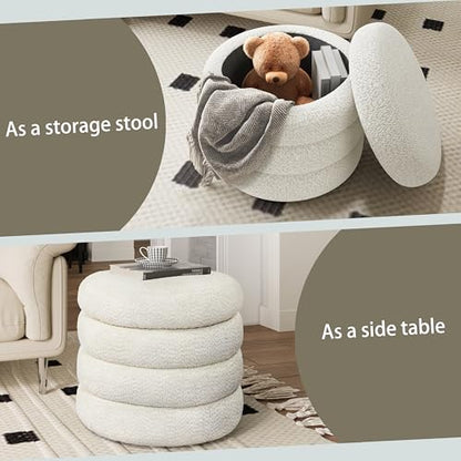 allamazing Storage Ottoman, Round Ottoman with Storage, Vanity Stool Foot Rest with Removable Lid, Round Boucle Upholstered for Living Room Pouf Footstool - color: Off White