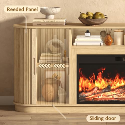 85.6" Fireplace TV Stand for TV Up to 90",Entertainment Center with 40" Electric Fireplace,Simulates 12 Flame Colors,Countertop with Power Outlet, Large Capacity, for Living Room,Natural Oak - color: Oak
