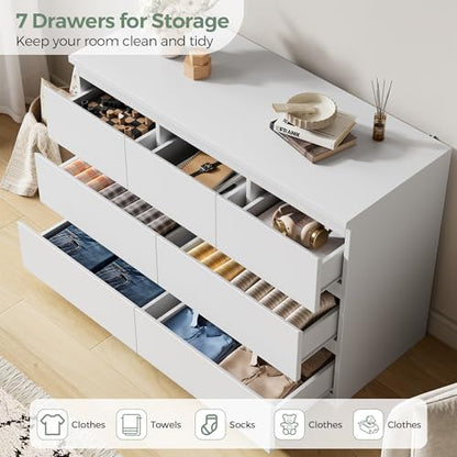 Jocoevol Modern White 7 Drawer Dresser for Bedroom, Simply Chest of Drawers, Wood Storage Dresser with Deep Drawers for Living Room Hallway Entryway, White - color: White